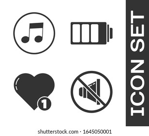 Ajuste el icono del indicador de nivel de carga de la batería y el sonido, la nota musical, el tono, el tipo y el corazón. Vector