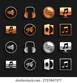 Set Speaker mute, Musical note in speech bubble, note, tone, Vinyl player with vinyl disk, Laptop music, volume and Headphones icon. Vector
