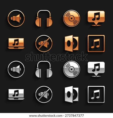 Set Speaker mute, Musical note in speech bubble, note, tone, Vinyl player with vinyl disk, Laptop music, volume and Headphones icon. Vector