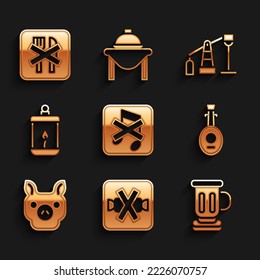 Set Speaker mute, No sweets, Medieval goblet, Lute, Pig, Ramadan Kareem lantern, Oil pump or pump jack and fasting icon. Vector