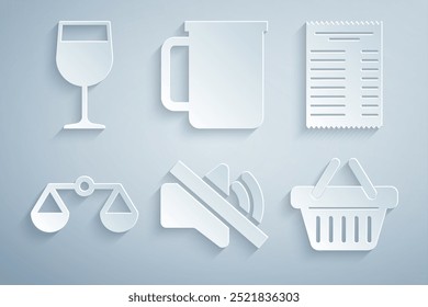 Set Speaker mute, Paper or financial check, Scales of justice, Shopping basket, Coffee cup and Wine glass icon. Vector