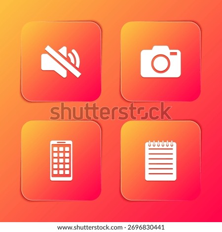 Set Speaker mute, Photo camera, Mobile Apps and Notebook icon. Vector