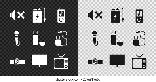 Set Speaker mute, Power bank with charge cable, Music player, Smartwatch, Computer monitor screen, Retro tv, Microphone and USB flash drive icon. Vector