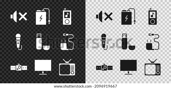 Set Speaker mute, Power bank\
with charge cable, Music player, Smartwatch, Computer monitor\
screen, Retro tv, Microphone and USB flash drive icon.\
Vector