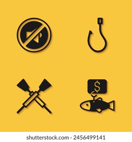 Set Speaker mute, Price tag for fish, Crossed oars paddles boat and Fishing hook icon with long shadow. Vector