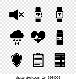 Stel luidsprekerdemping in, Smart watch hartslag, Smartwatch met draadloos, Shield, Klembord document en Papier of financieel controlepictogram. vector