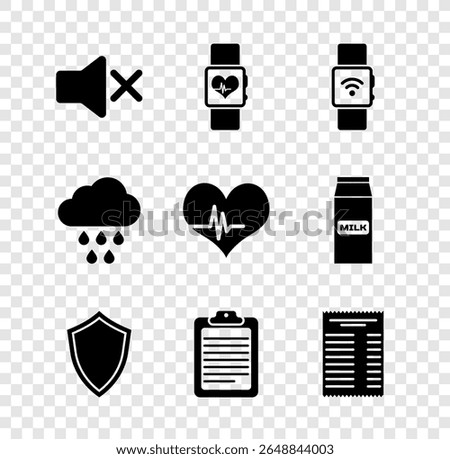 Set Speaker mute, Smart watch heart beat rate, Smartwatch with wireless, Shield, Clipboard document and Paper or financial check icon. Vector