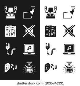 Set Speaker mute, Sound mixer controller, Music recording studio, Movie spotlight, Electric plug, Laptop with music note, Disco ball and Ear listen sound signal icon. Vector