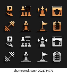 Set Speaker, educación en línea, Para hacer lista o planificación, Bandera, Dumbbell, Desarrollo frontal, Bombilla y entrenamiento, icono de presentación. Vector
