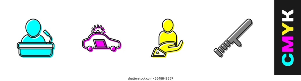 Set Speaker, Police car and flasher, Life insurance in hand and rubber baton icon. Vector