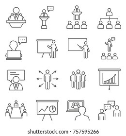 Set of Speaker Related Vector Line Icons. Includes such Icons as presentation, training, meeting, business and etc. 