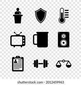 Ponga el icono Altavoz, Escudo, Termómetro, Portapapeles con currículum, Dumbbell y Escalas de justicia. Vector