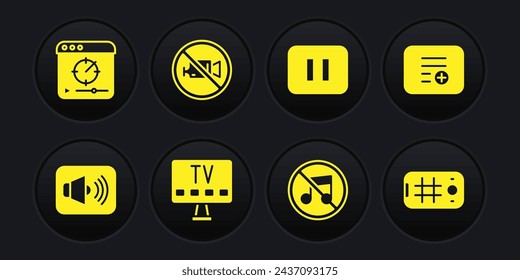 Set Speaker volume, Add to playlist, Smart Tv, mute, Pause button, Prohibition no video recording, Selfie mobile and Online icon. Vector