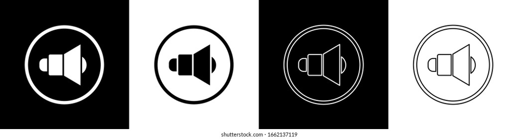 Set Speaker volume, audio voice sound symbol, media music icon isolated on black and white background.  Vector Illustration