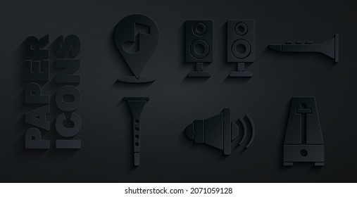 Set Speaker volume, Clarinet, Metronome with pendulum, Stereo speaker and Location musical note icon. Vector