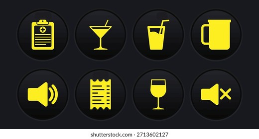 Set Lautsprechervolumen, Kaffeetasse, Papier- oder Finanzkontrolle, Weinglas, Glas mit Wasser und Martini-Symbol. Vektorgrafik