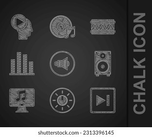 Ajuste el volumen del altavoz, ajuste de la tecnología de nivel del botón de marcado, Avance rápido, altavoz estéreo, ordenador con nota de música, ecualizador de música, icono del botón Tambor y Cabeza. Vector