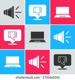 Set Speaker volume, Dislike in speech bubble and Laptop icon. Vector