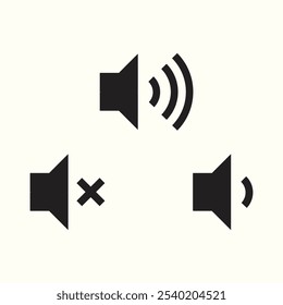 Set of speaker volume flat vactor icon. Symbols on, off, mute, high, low sound signs for graphic design