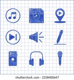 Set Speaker volume, Headphones, Microphone, Pencil with eraser, Smartphone, mobile, Fast forward, Digital media play location and Music note, tone icon. Vector