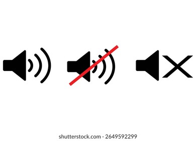 Conjunto de ícones de volume do alto-falante: som ligado, mudo e símbolos de modo silencioso isolados no fundo branco