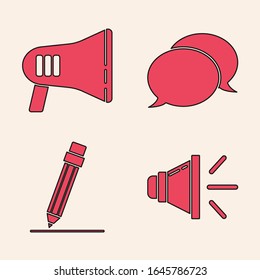 Setzen Sie Lautsprechervolumen, Megaphone, Sprechblase Chat und Bleistift mit Radiersymbol. Vektorillustration