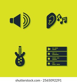 Set Speaker volume, Music playlist, Electric bass guitar and Ear listen sound signal icon. Vector