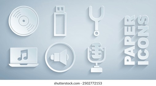 Set Speaker volume, Musical tuning fork, Laptop with music note, Microphone, USB flash drive and Vinyl disk icon. Vector