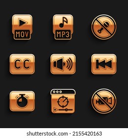 Set Speaker volume, Online play video, Prohibition no recording, Rewind button, Stopwatch, Subtitles, Mute microphone and MOV file icon. Vector