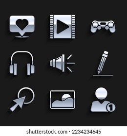 Set Speaker volume, Picture landscape, Add to friend, Pencil with eraser, Arrow cursor, Headphones, Gamepad and Like heart icon. Vector
