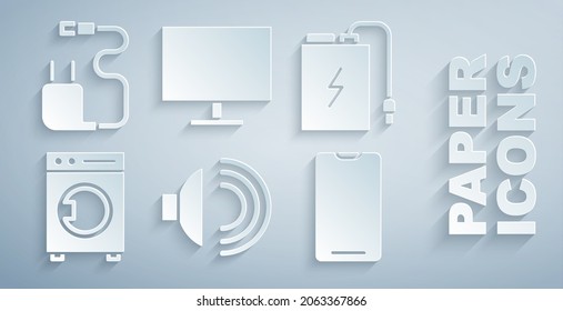 Set Speaker Volume, Power Bank With Charge Cable, Washer, Smartphone, Mobile Phone, Computer Monitor Screen And Charger Icon. Vector