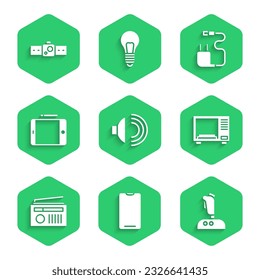 Set Speaker volume, Smartphone, mobile phone, Joystick for arcade machine, Microwave oven, Radio with antenna, Graphic tablet, Charger and Smartwatch icon. Vector
