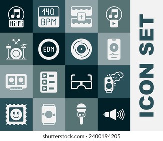 Set Speaker volume, Stereo speaker, Music player, wave equalizer, EDM electronic dance music, Drums, note, tone and Vinyl disk icon. Vector