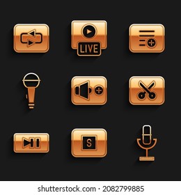 Set Speaker volume, Stop media button, Microphone, Music or video editing, Pause, Add playlist and Repeat icon. Vector
