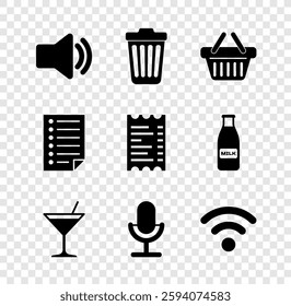 Set Speaker volume, Trash can, Shopping basket, Martini glass, Microphone and Wi-Fi wireless network icon. Vector