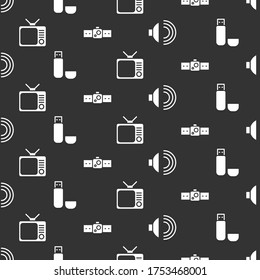 Set Speaker volume, USB flash drive, Retro tv and Smartwatch on seamless pattern. Vector