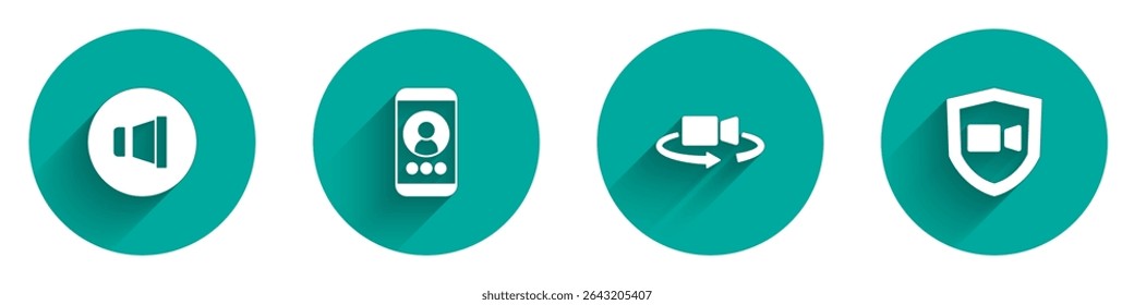 Set Speaker volume, Video chat conference, 360 degree view and  icon with long shadow. Vector