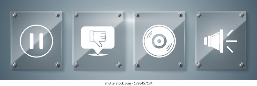 Set Speaker volume, Vinyl disk, Dislike in speech bubble and Pause button. Square glass panels. Vector