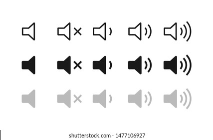 Conjunto de iconos web de volumen de altavoz. Aumenta y reduce el icono de sonido. Icono de silenciar. Ilustración vectorial.