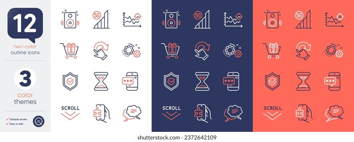 Set of Speakers, Scroll down and Rotation gesture line icons. Include Shopping cart, 5g wifi, Seo analysis icons. Text message, Phone password, Gears web elements. Puzzle game, Time. Vector