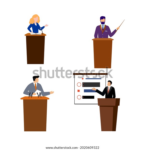 A set of speakers standing behind a pulpit and\
giving a speech. Icon for a game, website, application. Vector flat\
illustration, cartoon style.