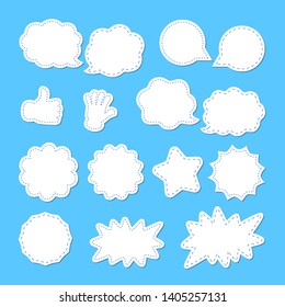 Set of speaking bubbles in trendy style. Talking clouds for short messages with 3 D effects. Isolated abstract graphic design template. Blue background.