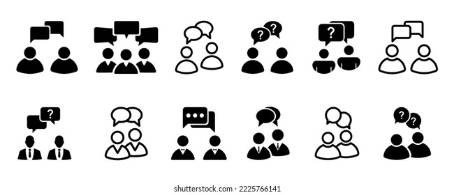 Conjunto de iconos vectoriales de personas hablantes. Gente de grupo hablando. Discusión, conversación, debate o charla con hombres. Diálogo con la gente.