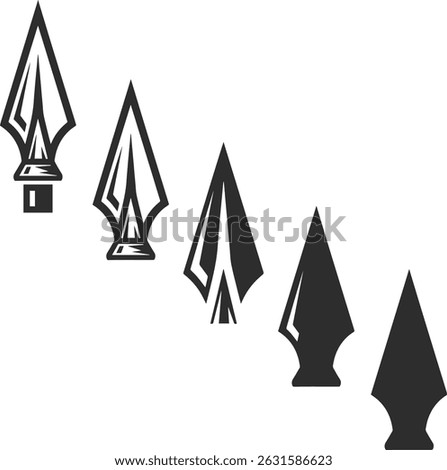 Set of spearhead, warrior spear in different variations, spearhead icons or warrior pikes in black.