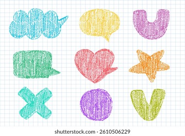 Set of spech bubbles drawing with crayon pencil texture on checkered background