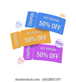 A set of special 3d coupons in different colors with a coupon code and a percentage discount. A poster with discount vouchers for an advertising campaign. Vector illustration