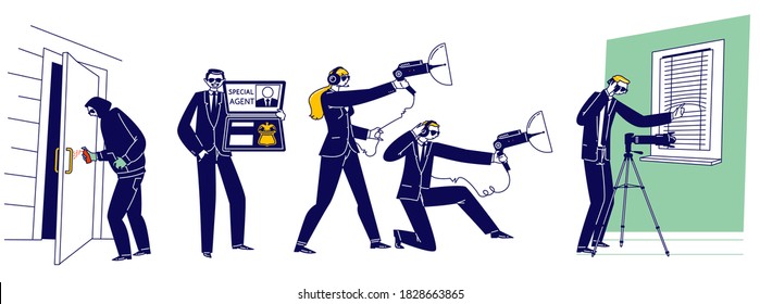 Set of Special Agents Male and Female Characters Spying, Spraying Poison on Door Handle, Using Technics and Equipment for Secret Surveillance. Fbi Service, Spy Job. Linear People Vector Illustration