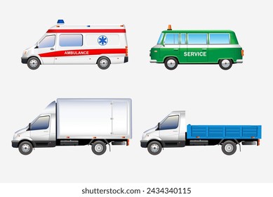 Conjunto de coches especiales y camiones ligeros sobre fondo blanco. Ilustración de vector