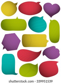 Set of special color speech bubbles with knitwear texture, vector illustration