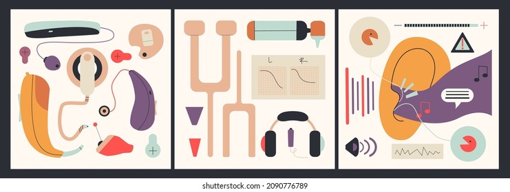 Set of special devices for people with hearing impairments. Hearing aids, batteries, earmolds and etc. Trendy vector illustrations.